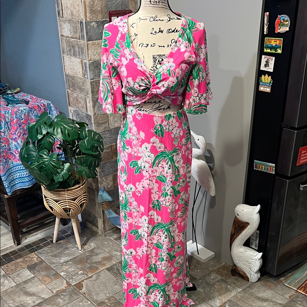 Lilly Pulitzer Minka Maxi 2 piece Crop Top & Maxi Skirt Worth A Look Roxie Pink